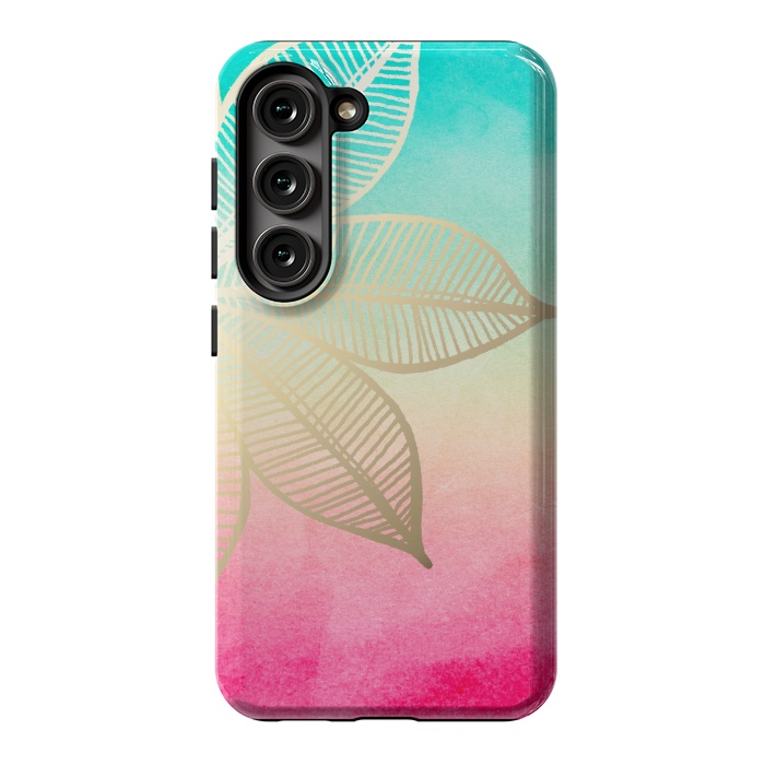 Galaxy S23 StrongFit Gold Flower on Turquoise and Pink Watercolor by Tangerine-Tane