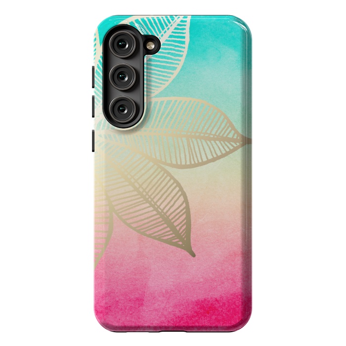 Galaxy S23 Plus StrongFit Gold Flower on Turquoise and Pink Watercolor by Tangerine-Tane