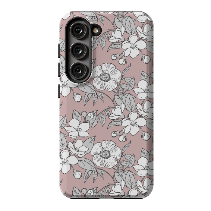 Galaxy S23 StrongFit White Cherry flowers line art drawing on pink by Oana 