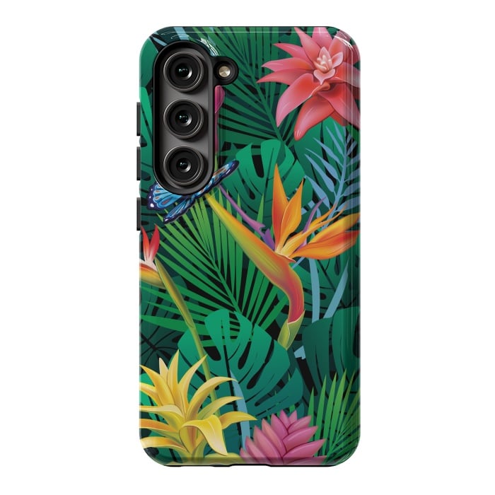 Galaxy S23 StrongFit Cute Tropical Floral Design Green Pink and Purple by ArtsCase
