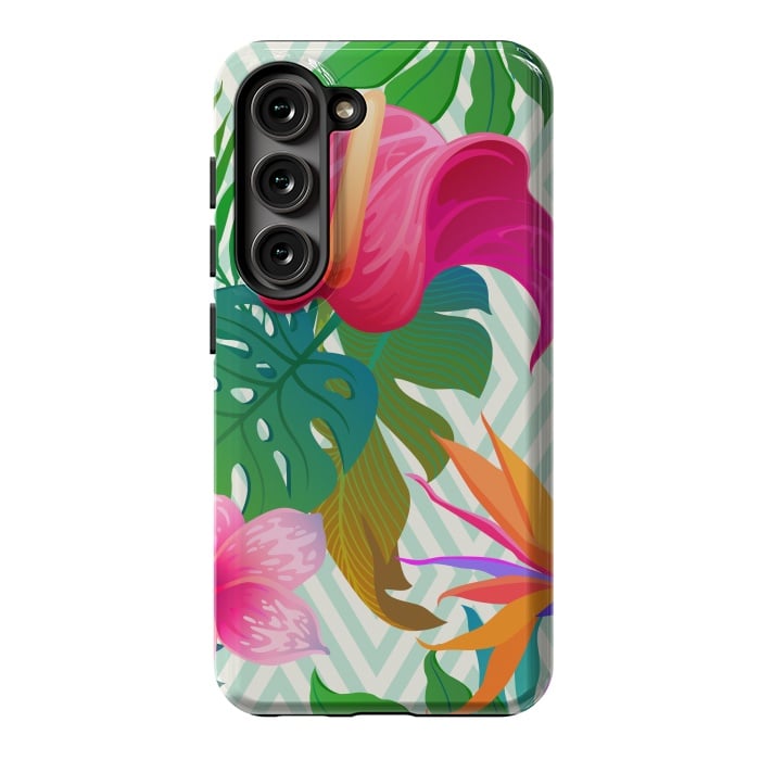Galaxy S23 StrongFit Exotic Flowers and Leaves in Geometric Decoration by ArtsCase