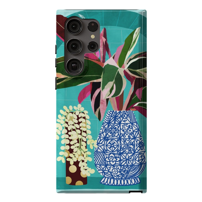 Galaxy S23 Ultra StrongFit Moroccan Shelfie | Tropical Teal Plants Botanical | Exotic Modern Bohemian Eclectic Décor  by Uma Prabhakar Gokhale