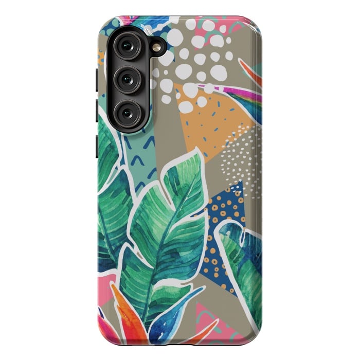 Galaxy S23 Plus StrongFit Tropical Flowers Watercolors with Geometric Outline by ArtsCase