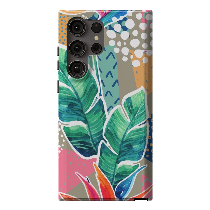 Galaxy S23 Ultra StrongFit Tropical Flowers Watercolors with Geometric Outline by ArtsCase