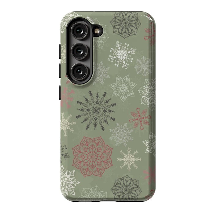 Galaxy S23 StrongFit Christmas Snowflakes on Dark Green by Paula Ohreen