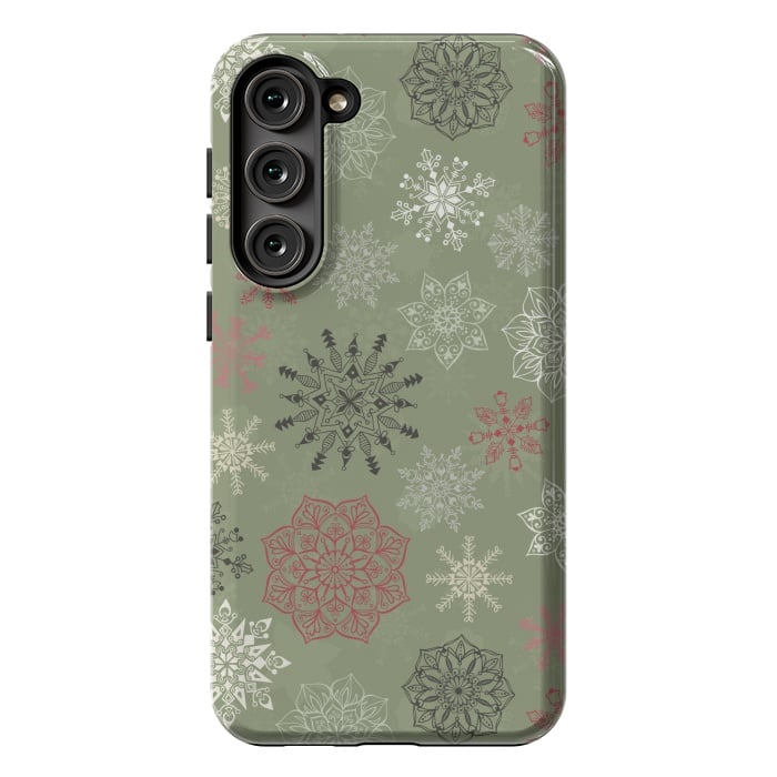 Galaxy S23 Plus StrongFit Christmas Snowflakes on Dark Green by Paula Ohreen
