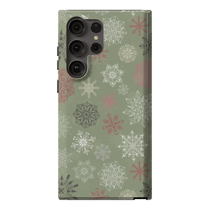 Galaxy S23 Ultra StrongFit Christmas Snowflakes on Dark Green by Paula Ohreen