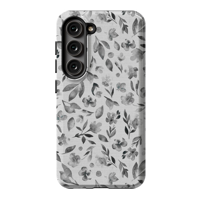Galaxy S23 StrongFit Watercolor Textured Floral Toss - Black and White by Paula Ohreen