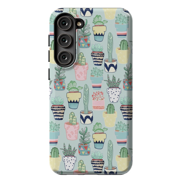 Galaxy S23 Plus StrongFit Cute Cacti In Pots on Mint Green by Tangerine-Tane