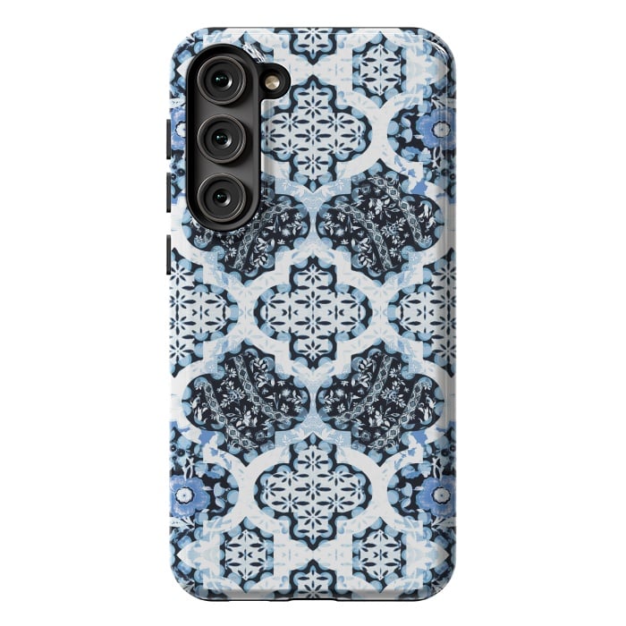 Galaxy S23 Plus StrongFit Blue white Moroccan decorative mosaic by Oana 