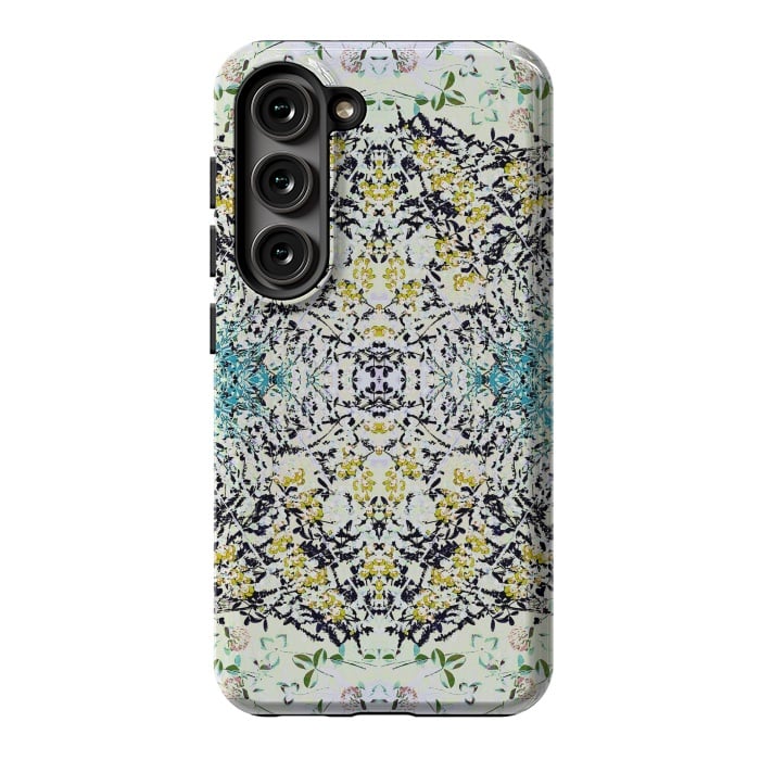 Galaxy S23 StrongFit Yellow blue ditsy flowers and leaves pattern by Oana 