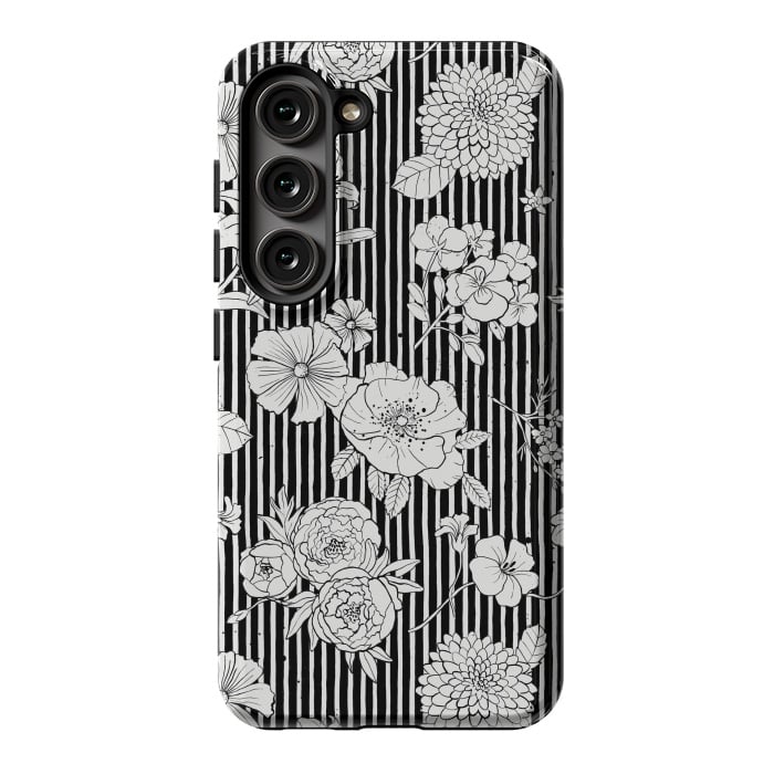 Galaxy S23 StrongFit Flowers and Stripes Black and White by Ninola Design
