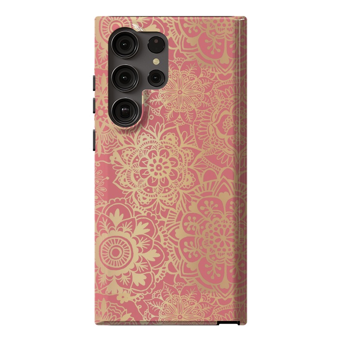 Galaxy S23 Ultra StrongFit Coral Pink and Gold Mandala Pattern by Julie Erin Designs