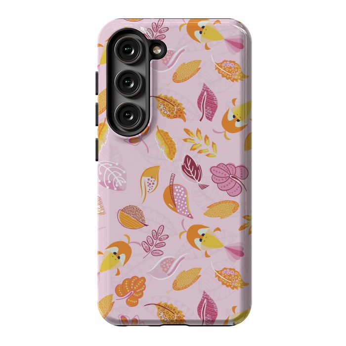 Galaxy S23 StrongFit Cute parrots in a fun tossed pattern with funky leaves in pink and orange by Paula Ohreen