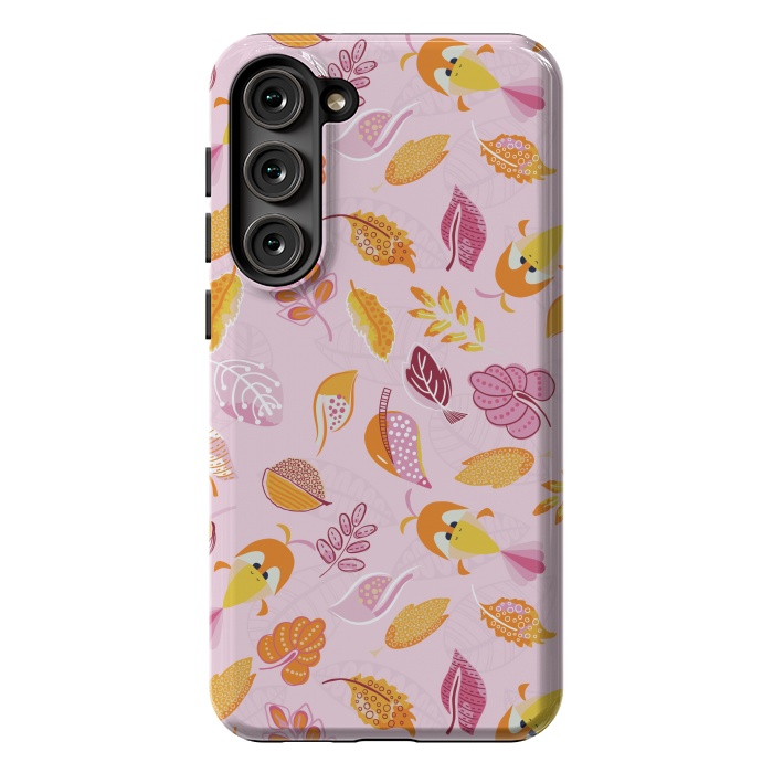 Galaxy S23 Plus StrongFit Cute parrots in a fun tossed pattern with funky leaves in pink and orange by Paula Ohreen