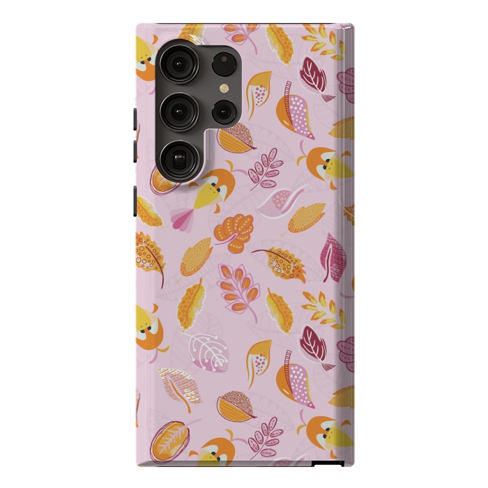 Galaxy S23 Ultra StrongFit Cute parrots in a fun tossed pattern with funky leaves in pink and orange by Paula Ohreen