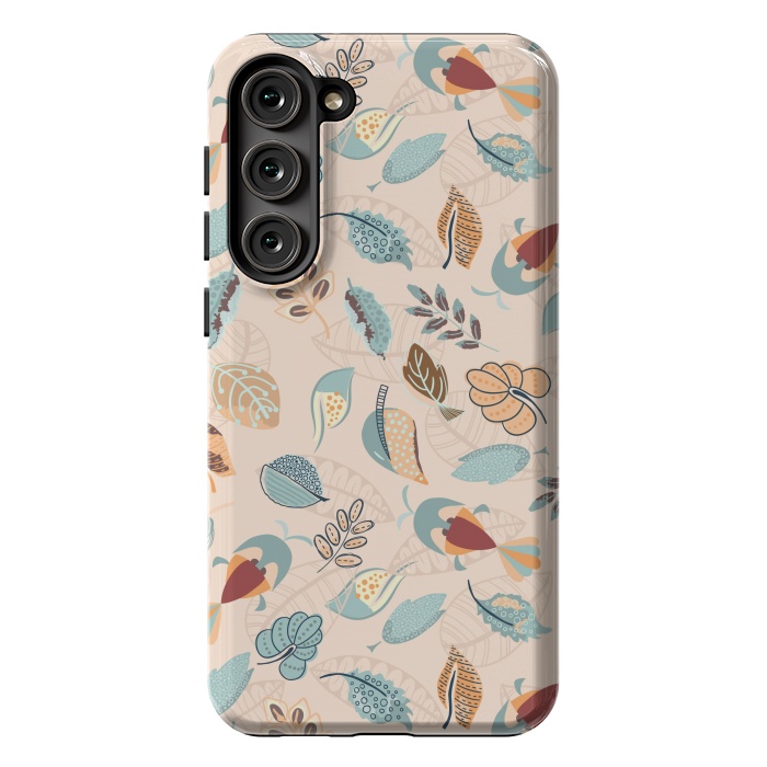 Galaxy S23 Plus StrongFit Cute parrots in a fun tossed pattern with funky leaves in blue and red by Paula Ohreen