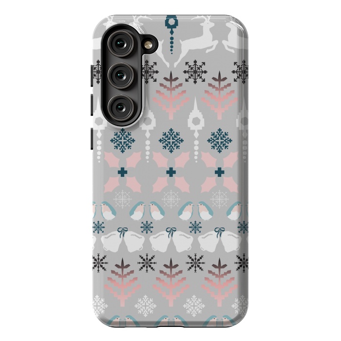 Galaxy S23 Plus StrongFit Christmas Fair Isle in Grey, Pink and Blue by Paula Ohreen