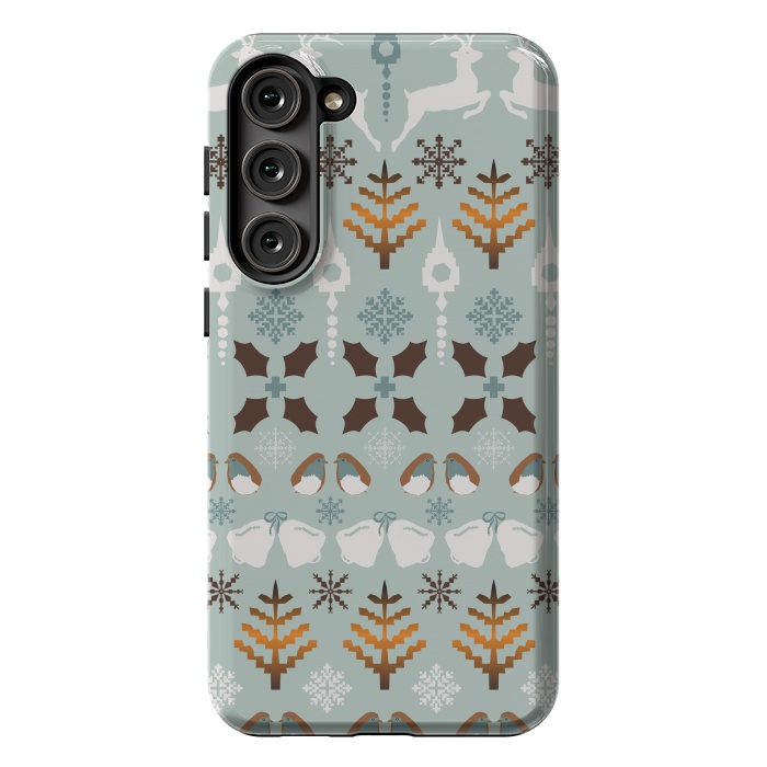 Galaxy S23 Plus StrongFit Fair Isle Christmas in blue and brown by Paula Ohreen
