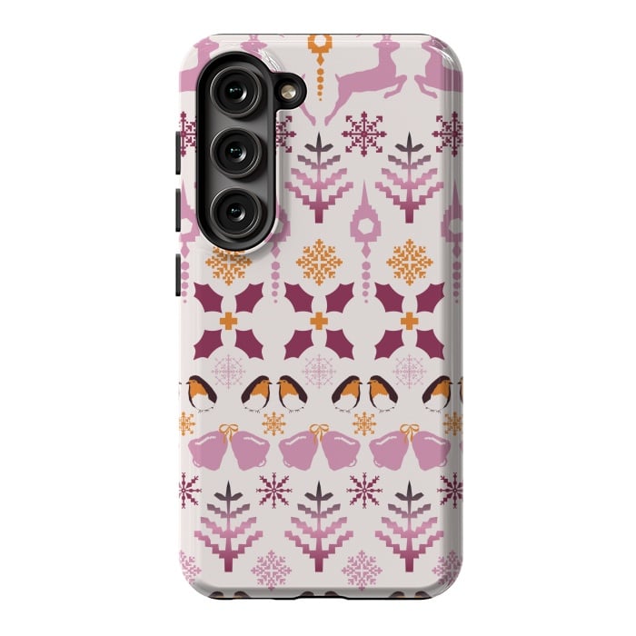 Galaxy S23 StrongFit Fair Isle Christmas in pink and orange by Paula Ohreen