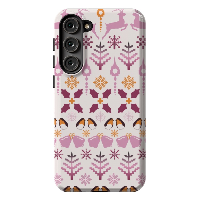 Galaxy S23 Plus StrongFit Fair Isle Christmas in pink and orange by Paula Ohreen