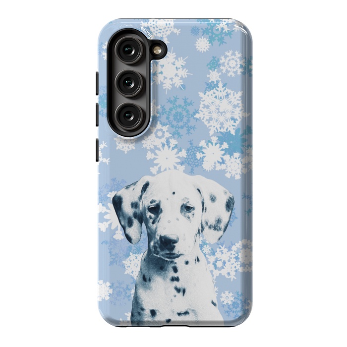 Galaxy S23 StrongFit Cute dalmatian and blue white snowflakes by Oana 