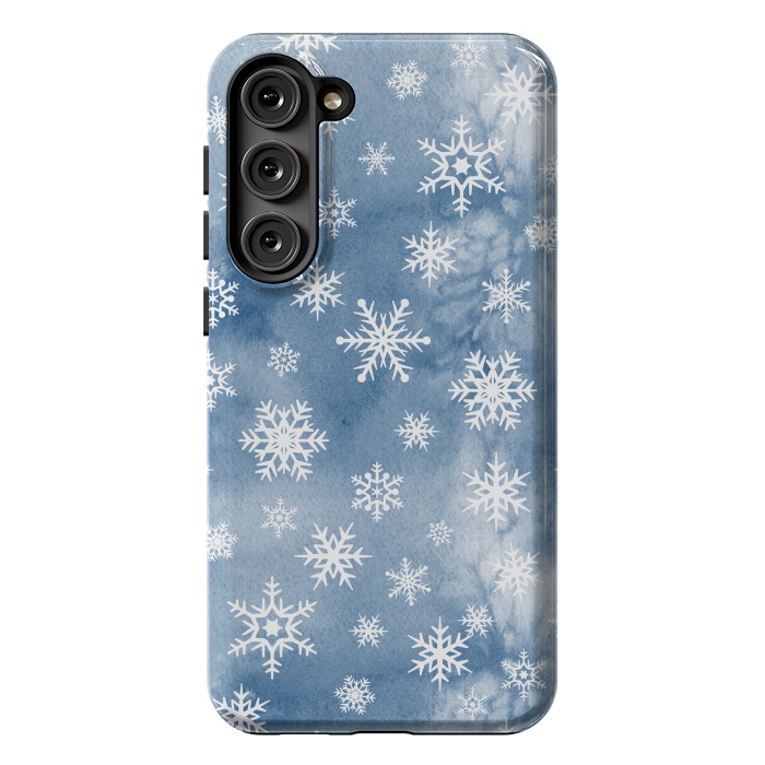 Galaxy S23 Plus StrongFit Blue white watercolor Christmas snowflakes by Oana 