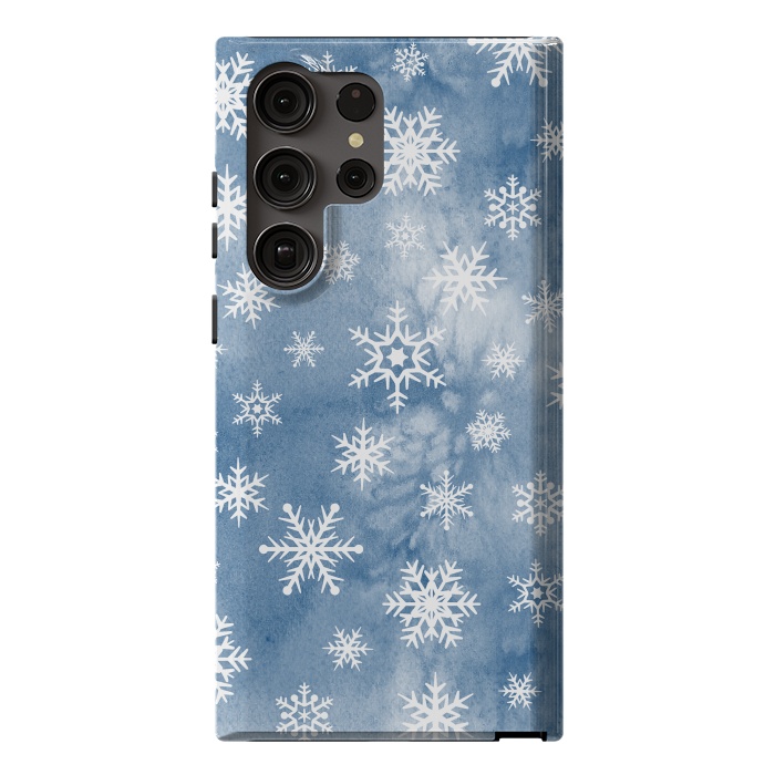 Galaxy S23 Ultra StrongFit Blue white watercolor Christmas snowflakes by Oana 