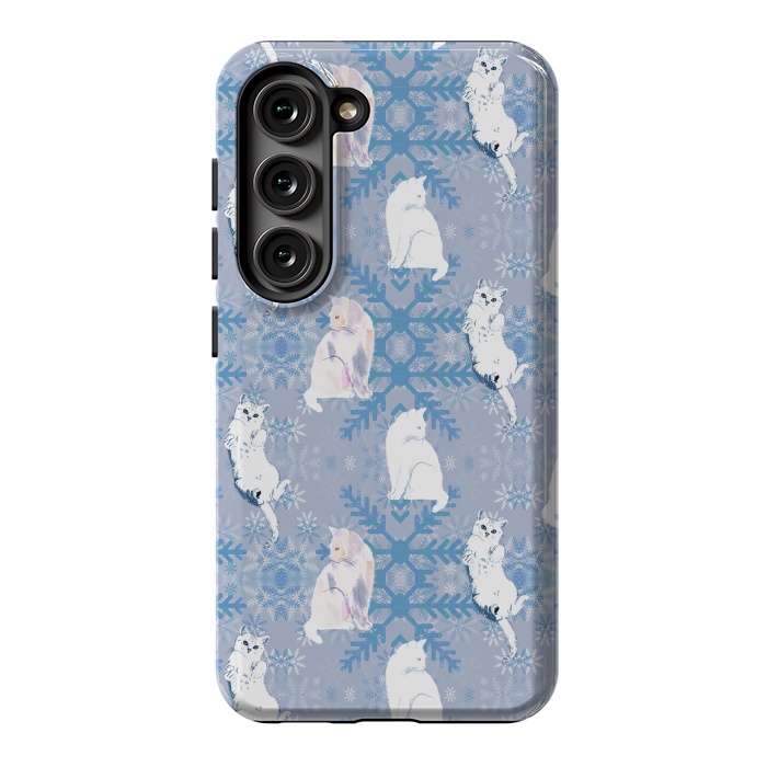 Galaxy S23 StrongFit Cute white cats and blue Christmas snowflakes by Oana 