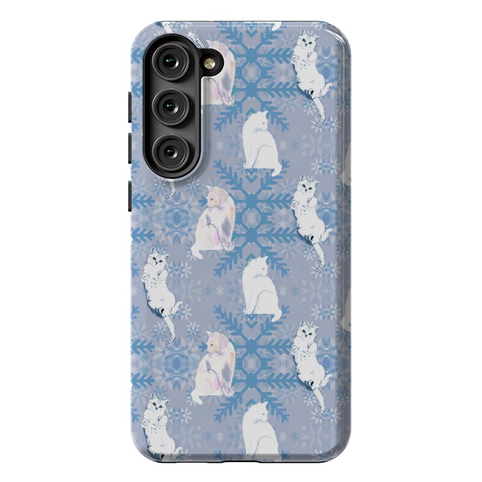 Galaxy S23 Plus StrongFit Cute white cats and blue Christmas snowflakes by Oana 