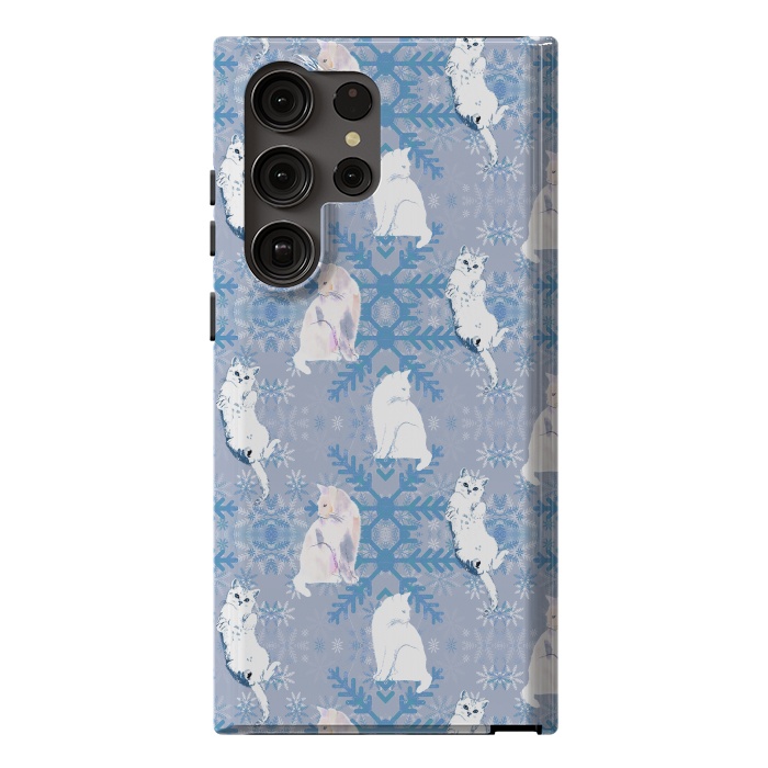 Galaxy S23 Ultra StrongFit Cute white cats and blue Christmas snowflakes by Oana 