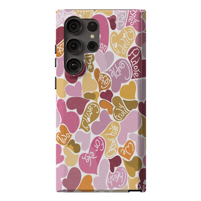 Galaxy S23 Ultra StrongFit Love hearts with loving words in pink and orange by Paula Ohreen