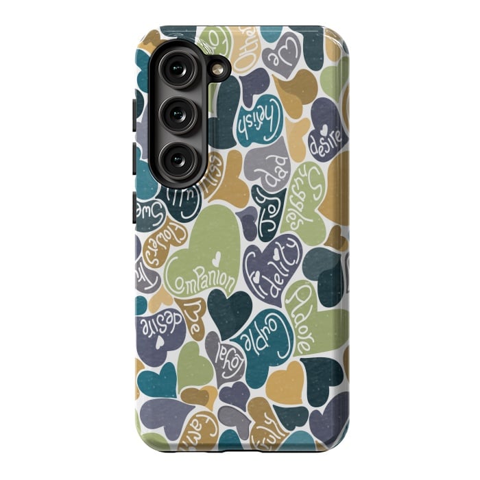 Galaxy S23 StrongFit Love hearts with loving words in blue and green by Paula Ohreen