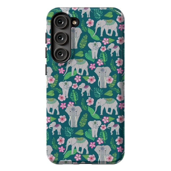 Galaxy S23 Plus StrongFit Elephants of the Jungle on Green by Tangerine-Tane