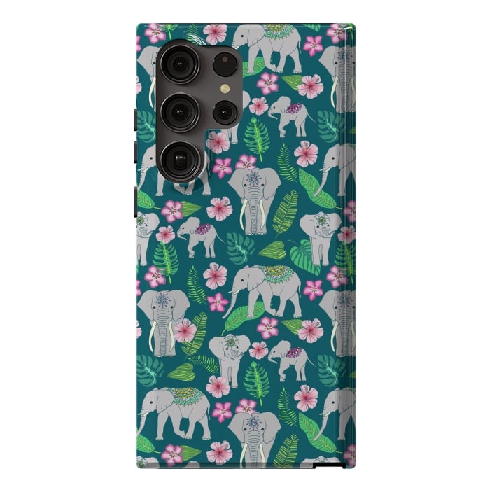 Galaxy S23 Ultra StrongFit Elephants of the Jungle on Green by Tangerine-Tane