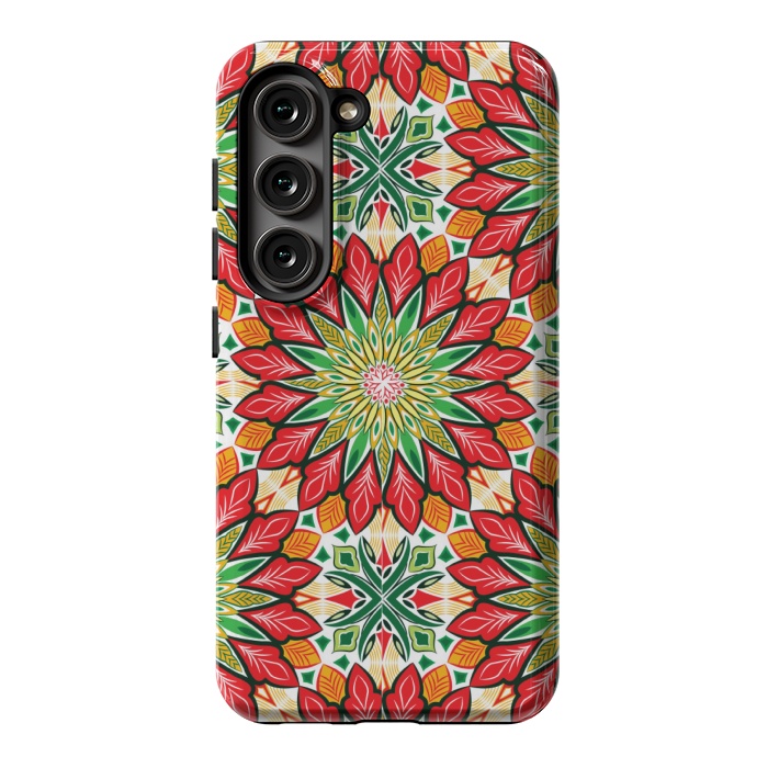 Galaxy S23 StrongFit ORANGE RED FLORAL GREEN PRINT by MALLIKA