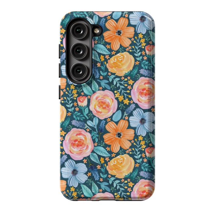 Galaxy S23 StrongFit Bold Blooms on Dark Teal by Tangerine-Tane