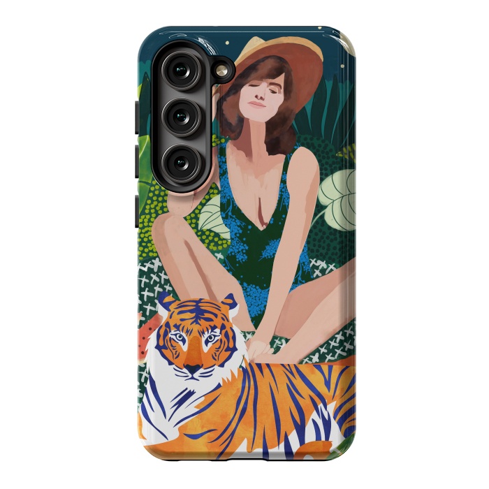 Galaxy S23 StrongFit Living In The Jungle, Tiger Tropical Picnic Illustration, Forest Woman Bohemian Travel Camp Wild by Uma Prabhakar Gokhale