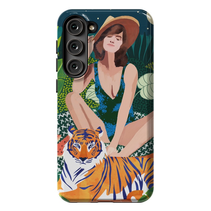 Galaxy S23 Plus StrongFit Living In The Jungle, Tiger Tropical Picnic Illustration, Forest Woman Bohemian Travel Camp Wild by Uma Prabhakar Gokhale
