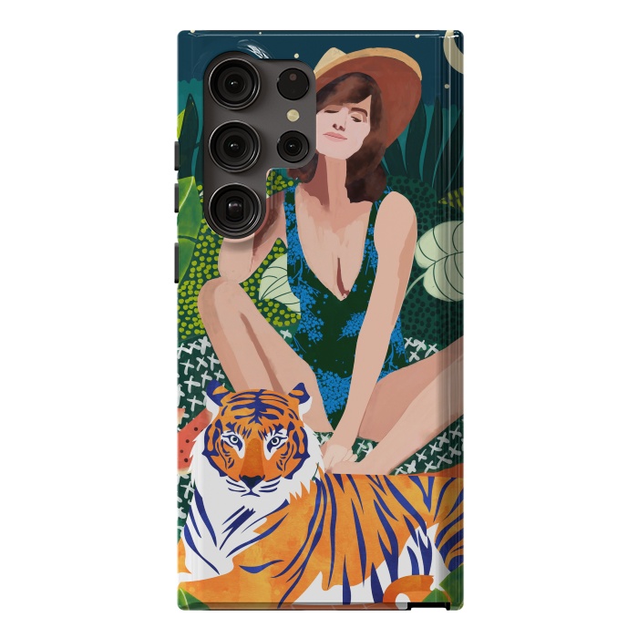 Galaxy S23 Ultra StrongFit Living In The Jungle, Tiger Tropical Picnic Illustration, Forest Woman Bohemian Travel Camp Wild by Uma Prabhakar Gokhale