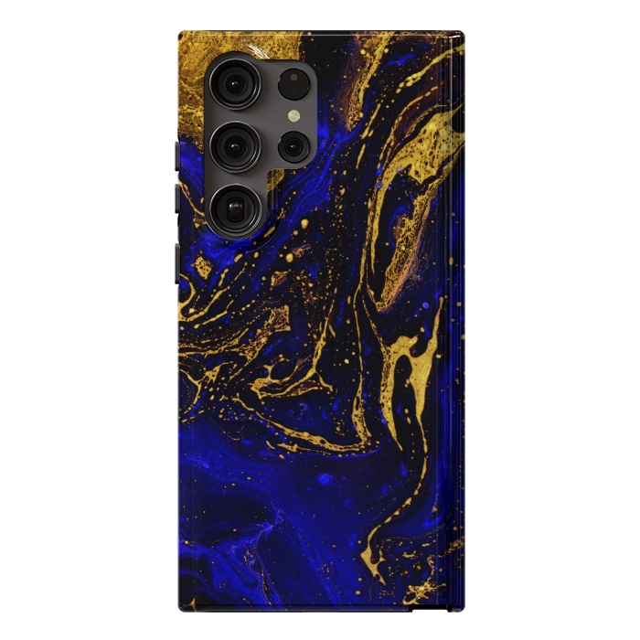 Galaxy S23 Ultra StrongFit Blue marble and abstract gold background texture with swirls by ArtsCase