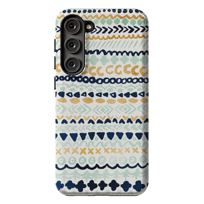 Galaxy S23 Plus StrongFit Navy, Teal & Mustard Tribal by Tangerine-Tane