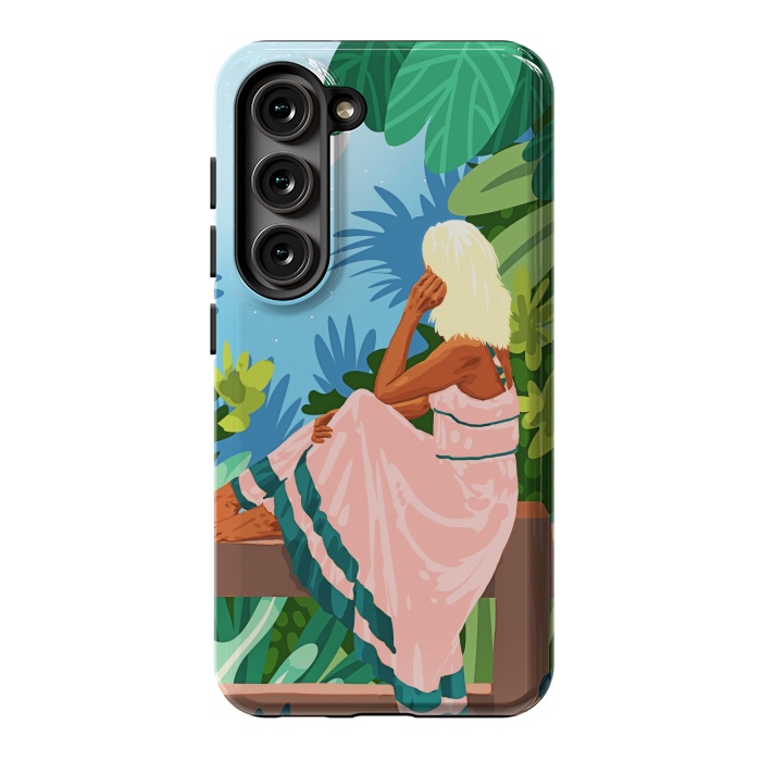 Galaxy S23 StrongFit Forest Moon, Bohemian Woman Jungle Nature Tropical Colorful Travel Fashion Illustration by Uma Prabhakar Gokhale