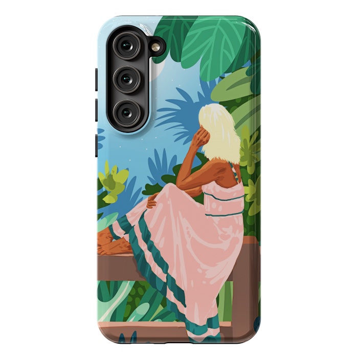 Galaxy S23 Plus StrongFit Forest Moon, Bohemian Woman Jungle Nature Tropical Colorful Travel Fashion Illustration by Uma Prabhakar Gokhale