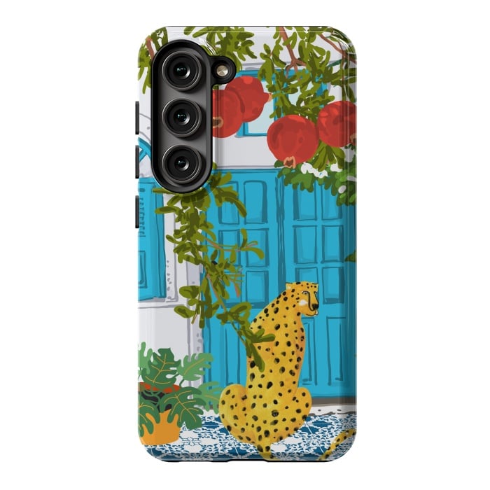 Galaxy S23 StrongFit Cheetah Home, Morocco Architecture Illustration, Greece Cats Tropical Urban Jungle Pomegranate by Uma Prabhakar Gokhale