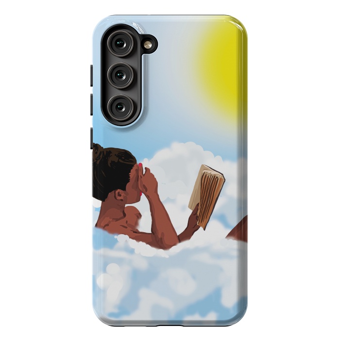 Galaxy S23 Plus StrongFit Reading on Clouds, Black Woman Summer Sunny Day Book Painting, Bohemian Nude by Uma Prabhakar Gokhale