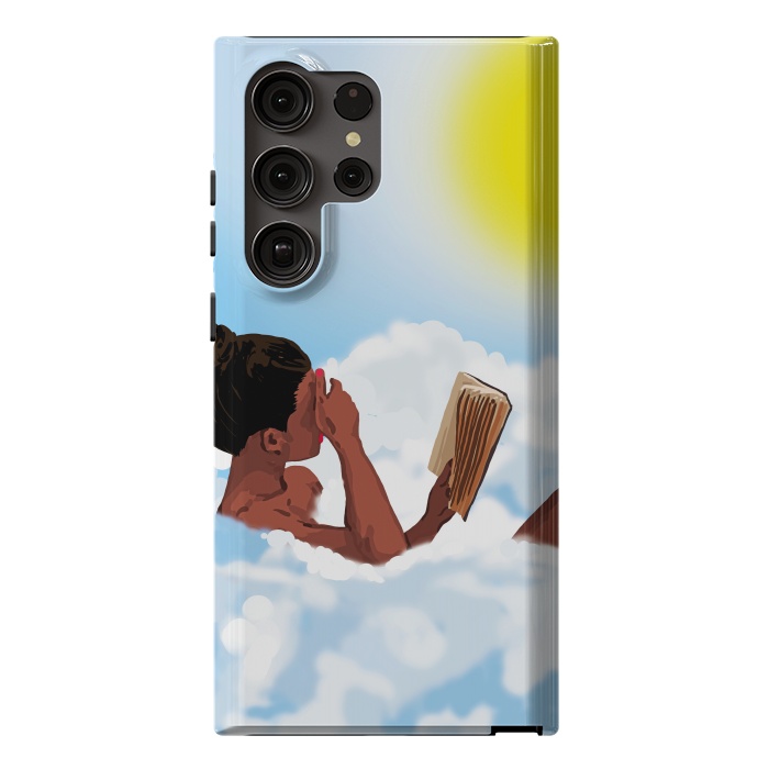 Galaxy S23 Ultra StrongFit Reading on Clouds, Black Woman Summer Sunny Day Book Painting, Bohemian Nude by Uma Prabhakar Gokhale
