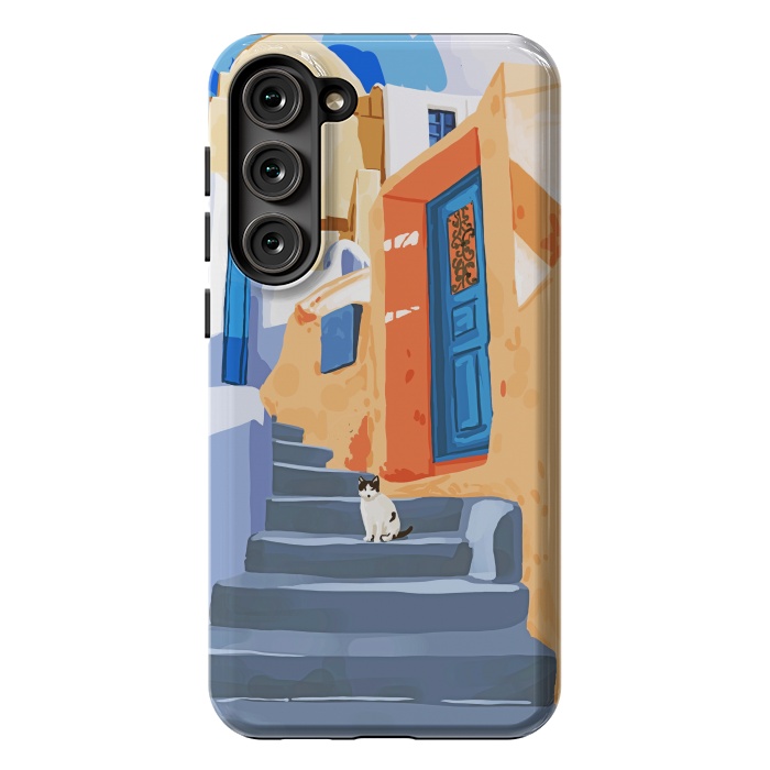 Galaxy S23 Plus StrongFit Cat in Greece, Architecture Tropical Exotic Travel Places City, Bohemian Beachy Santorini Painting by Uma Prabhakar Gokhale