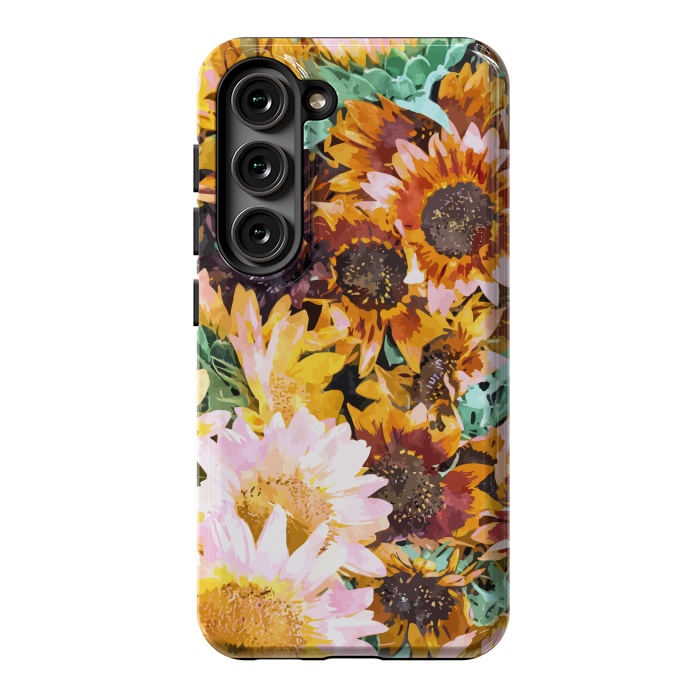 Galaxy S23 StrongFit Summer Sunflowers, Modern Bohemian Urban Jungle Painting, Botanical Floral Blush Garden Nature by Uma Prabhakar Gokhale