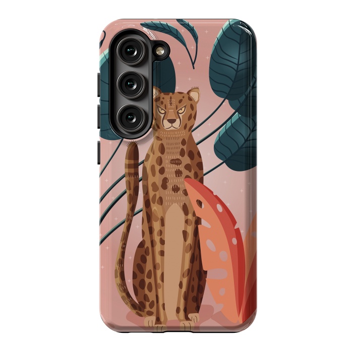 Galaxy S23 StrongFit Cheetah and palm leaves by Jelena Obradovic